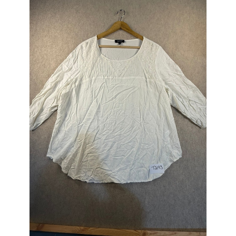 Spense Woman White Lace Pintuck 3/4 Sleeve Blouse Top 1X Boho Scoop Neck